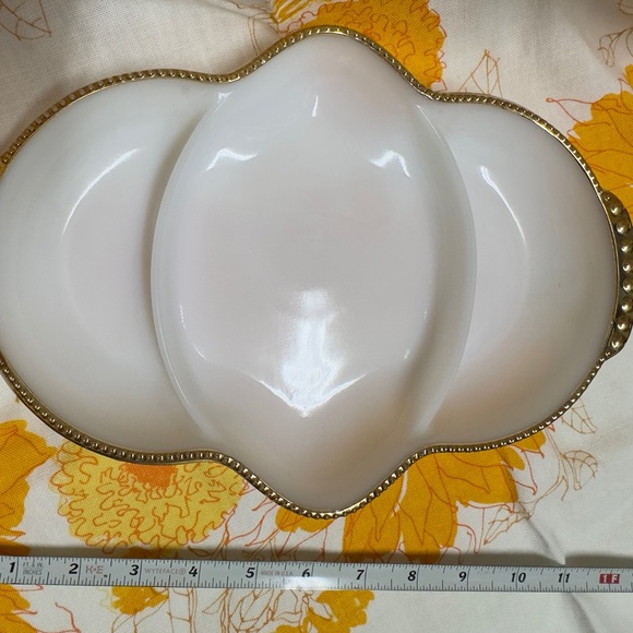 Vintage FireKing Ovenware Gold Rimmed Divided Serving Dish Milk glass Trinket - Picture 3 of 5
